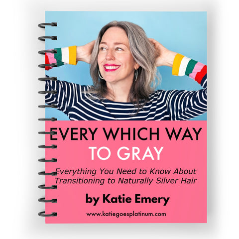 Book Cover of Every Which Way to Gray - pink and bleu background with gray haired woman wearing striped shirt